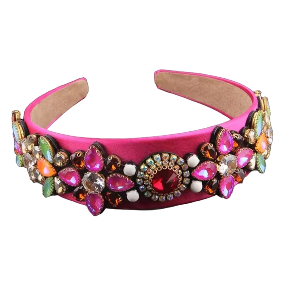 Accessories - Queen Rani Embellished Crystal Gem Floral Headband - Pink